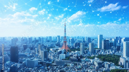 Tokyo Skyline with Network Connection and Clouds