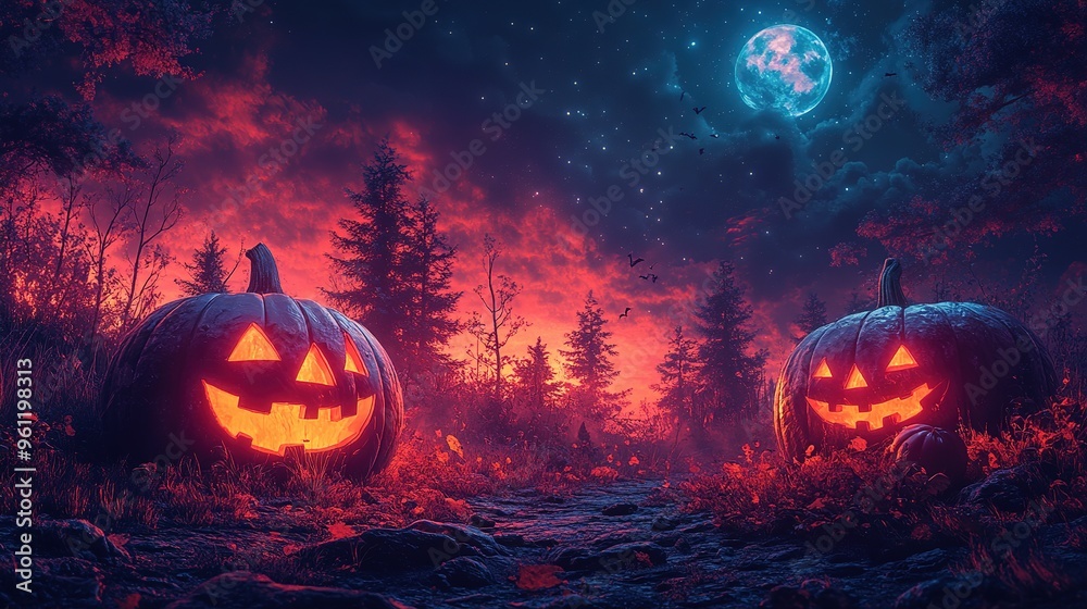Naklejka premium Two Jack-O'-Lanterns Glowing in a Spooky Forest Underneath a Full Moon
