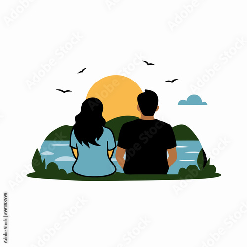 Couple with serene mood watching sunset against scenic lakeside background