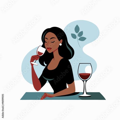 Woman with relaxed mood enjoying wine against elegant background