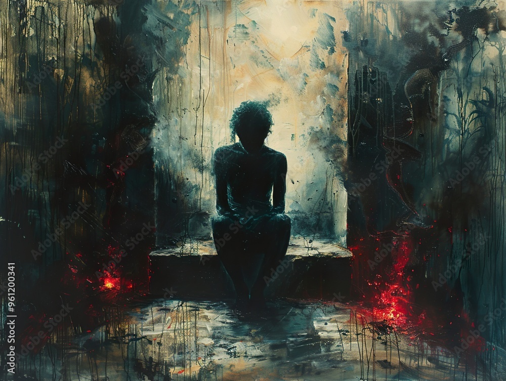 A lone figure sits in a dark, ominous doorway with two glowing embers on either side. A lone figure sits in a dark, ominous doorway with two glowing embers on either side.