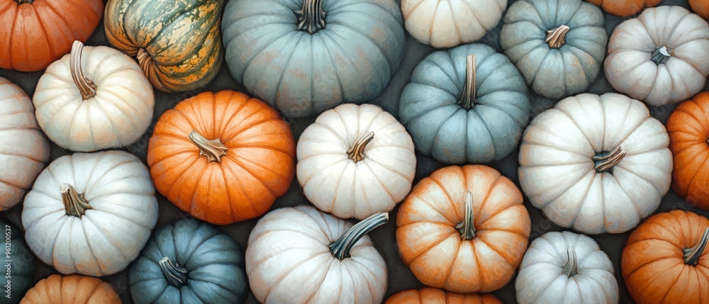top view of realistic painting with pumpkins of different sizes and shapes, including green and white, muted color scheme top view of realistic painting with pumpkins of different sizes and shapes, including green and white, muted color scheme