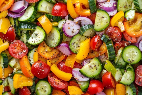 A top view of a vibrant vegetable salad adorned with scattered mineral elements, representing a healthy meal