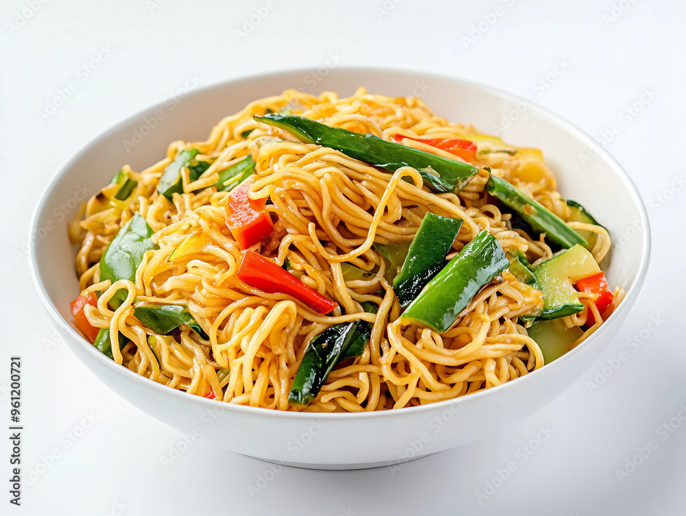 A bowl of noodles with vegetables and meat. The noodles are long and thin, and the vegetables are chopped up and mixed in with the noodles. The bowl is white and sits on a white table A bowl of noodles with vegetables and meat. The noodles are long and thin, and the vegetables are chopped up and mixed in with the noodles. The bowl is white and sits on a white table