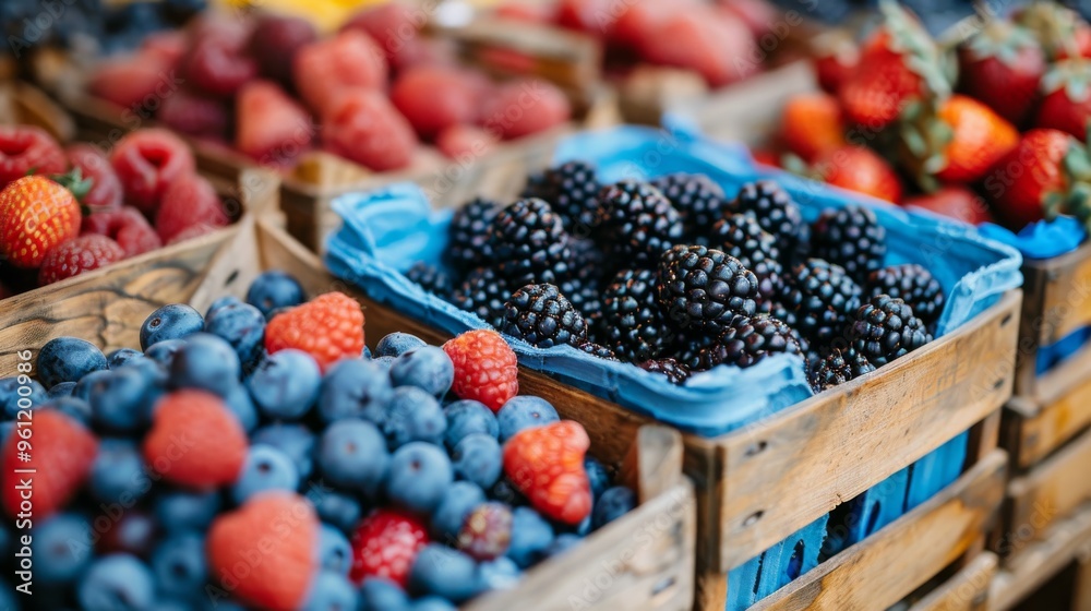 A Colorful Display of Fresh Berries in Wooden Crates at a Vibrant Market Setting A Colorful Display of Fresh Berries in Wooden Crates at a Vibrant Market Setting