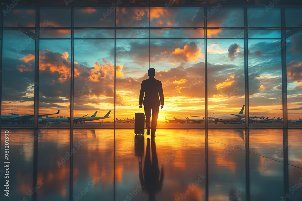 A businessman in a suit walking through an airport terminal with a suitcase, representing the concept of business travel.