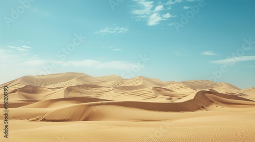 A vast expanse of golden sand dunes stretches out under a clear blue sky, creating a breathtaking desert landscape.