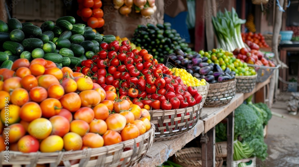 A Colorful Display of Fresh Fruits and Vegetables in a Bustling Market Scene Filled with Life A Colorful Display of Fresh Fruits and Vegetables in a Bustling Market Scene Filled with Life