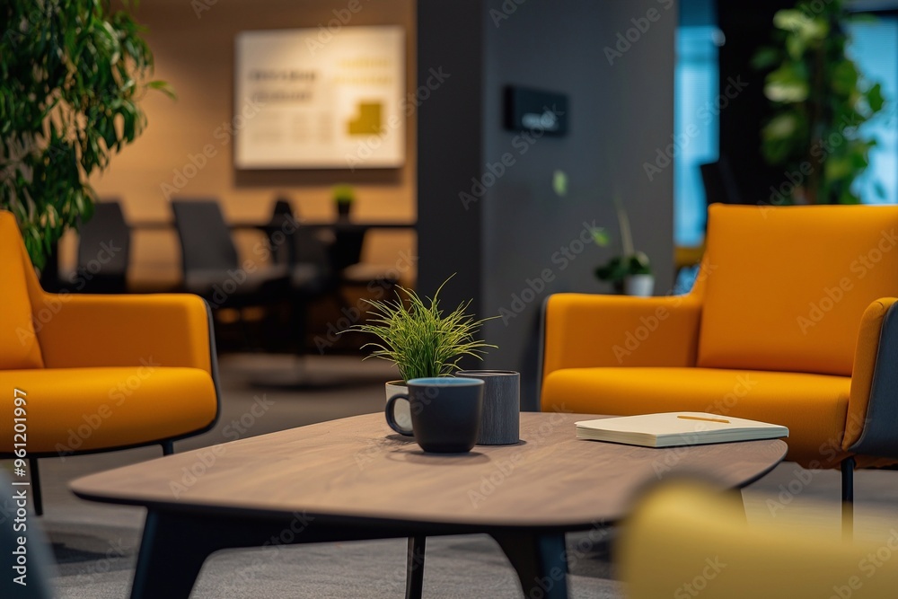 a modern office lounge for a business negotiation with relaxed seating and a collaborative atmosphere. a space for open communication. interior design for efficient work.