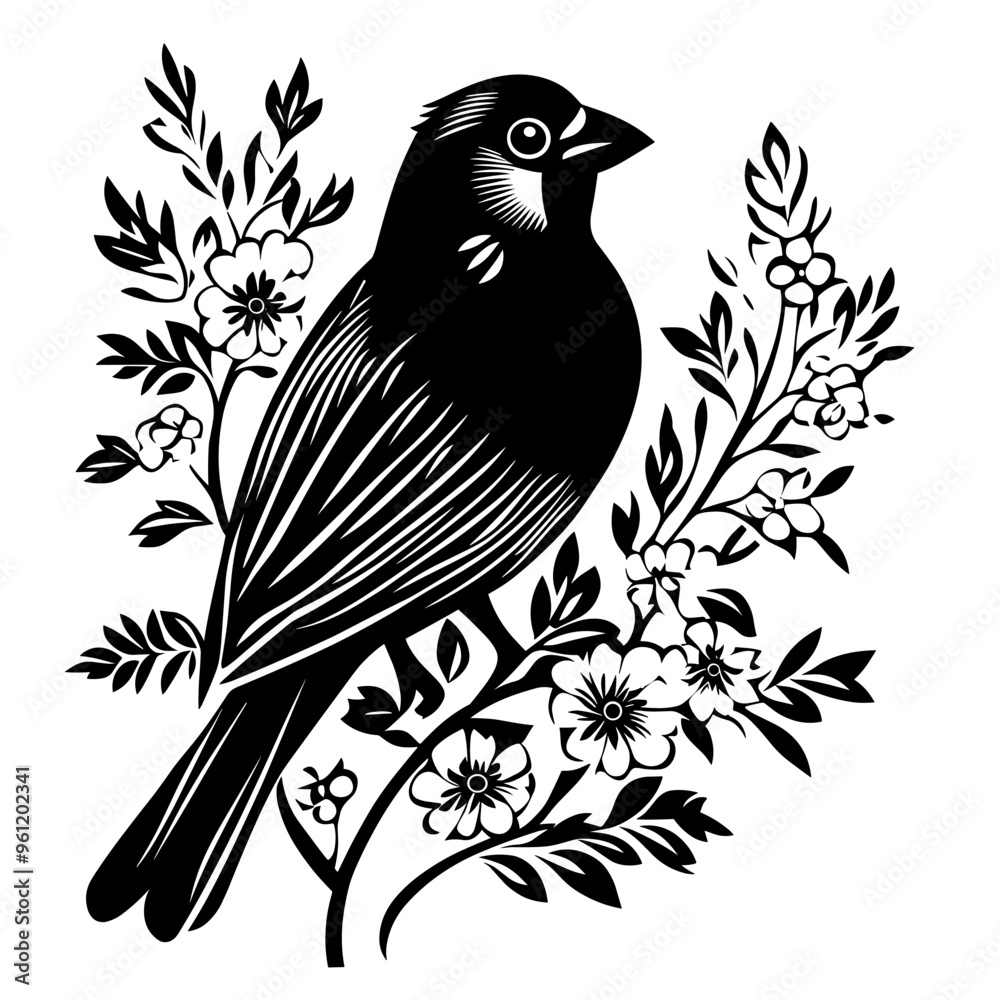 Naklejka premium Bird silhouette on a branch with floral elements woodcut style birds logo design
