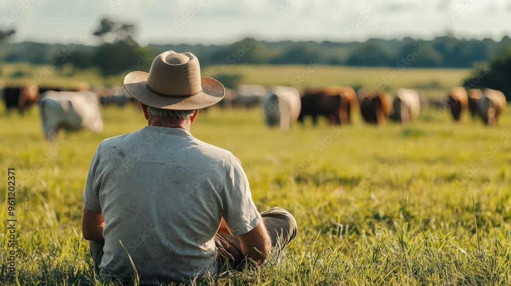 Cowboy wearing a brown hat looking across grassland at a tranquil herd of brown cows, reflecting rural life Cowboy wearing a brown hat looking across grassland at a tranquil herd of brown cows, reflecting rural life