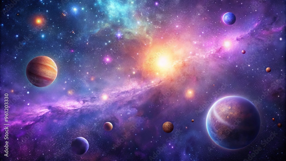 Abstract starry Space purple background with shining star dust, nebulae, and Milky Way galaxy with planets Abstract starry Space purple background with shining star dust, nebulae, and Milky Way galaxy with planets