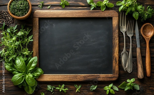 Empty Chalkboard with Herbs and Cutlery