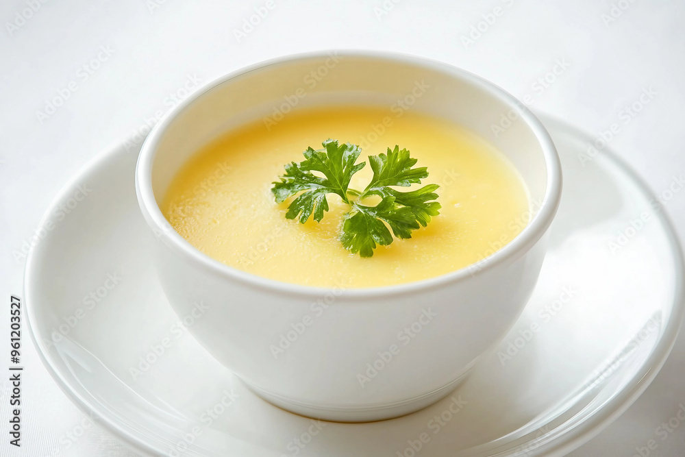 A bowl of yellow soup with a green herb on top. The soup is creamy and looks delicious A bowl of yellow soup with a green herb on top. The soup is creamy and looks delicious