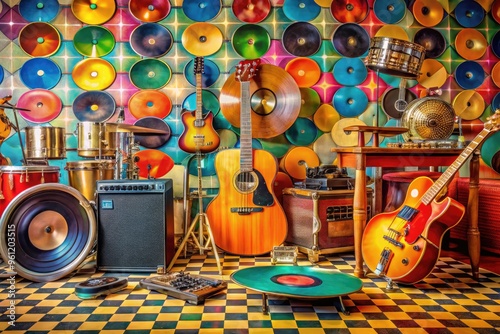 Iconic 1960S Music Scene Captured In A Vibrant Photograph Featuring Vintage Musical Instruments, Vinyl Records, And Retro Clothing. photo