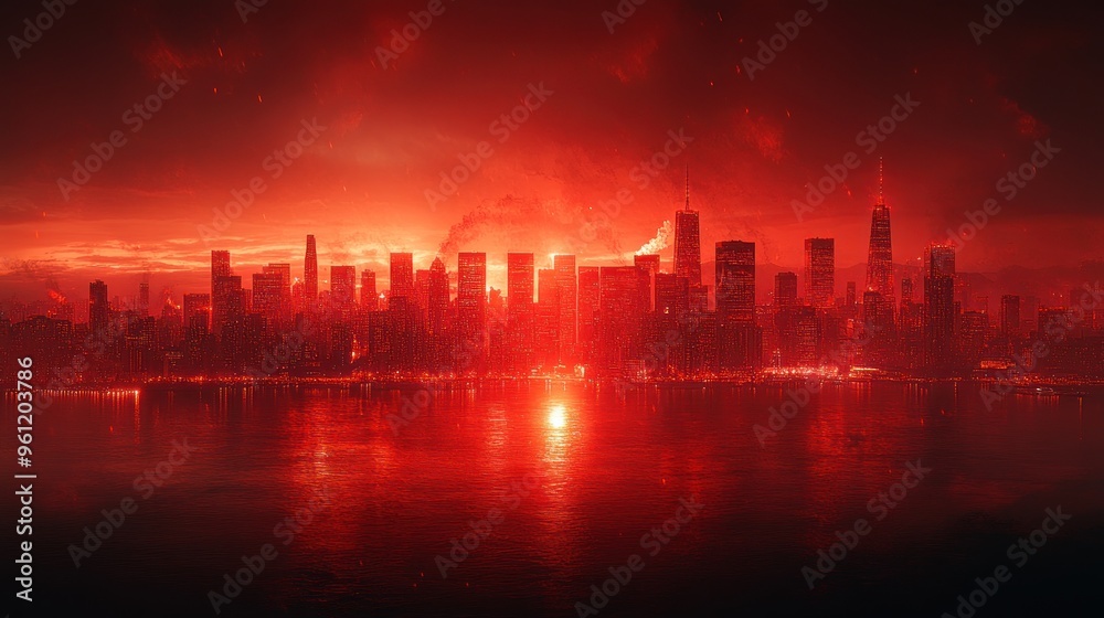 A dramatic skyline illuminated by a fiery red sunset. A dramatic skyline illuminated by a fiery red sunset.