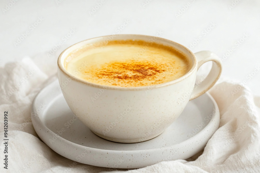 A white coffee cup with a brownish color and a sprinkle of cinnamon on top A white coffee cup with a brownish color and a sprinkle of cinnamon on top