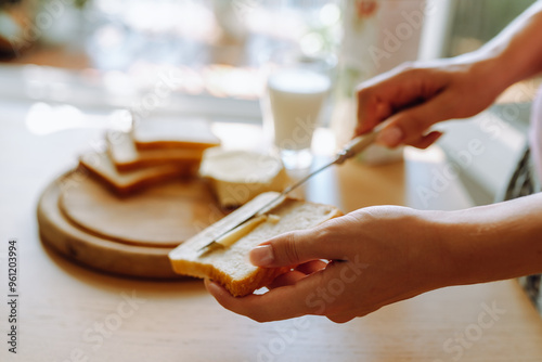 healthy breakfast milk bread and butter photo