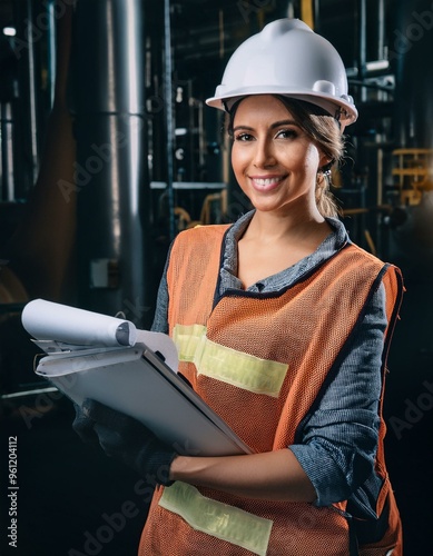 Mujer trabajando en la construcción en una obra con casco de seguridad y chaleco naranja apuntando datos en una libreta con un edificio en obras y maquinaria detrás de ella, primer plano