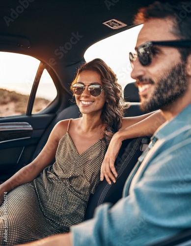 Pareja joven feliz de viaje en un coche luna de miel sonriendo por la ventanilla photo