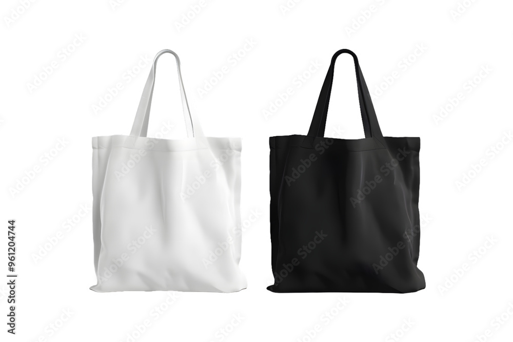 Two tote bags, one black and white isolated on transparent background mock up png Two tote bags, one black and white isolated on transparent background mock up png