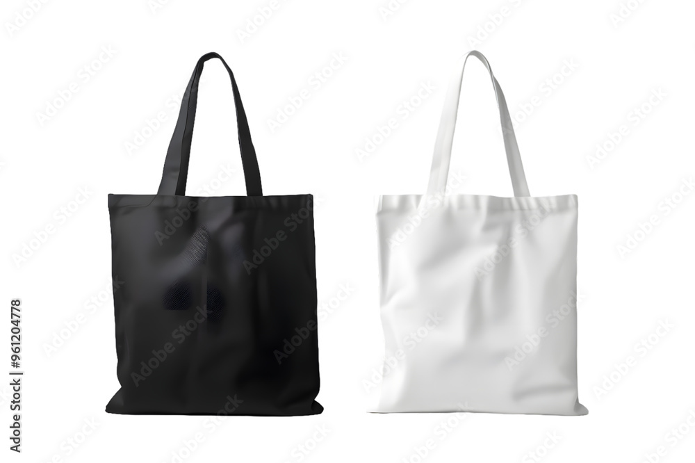 Two tote bags, one black and white isolated on transparent background mock up png Two tote bags, one black and white isolated on transparent background mock up png