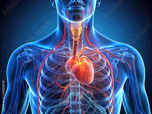 Illuminated 3D illustration of the human heart and esophagus anatomy, showcasing intricate relationships between cardiac structures and the esophageal tube. photo