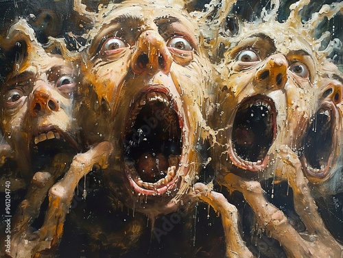 Four distorted human faces with open mouths and dripping liquid, with a dark background, creating a disturbing and surreal image.