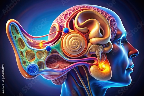 Illuminated 3D illustration of the human inner ear's intricate structure, showcasing cochlea, auditory nerve, eustachian tube, and semicircular canals in vibrant colors. photo