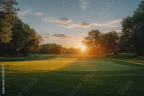 A mature view of the golf course at sunset , ai