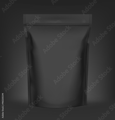Realistic black stand up pouch bag with zip lock mockup. Front view. Vector illustration on black background. Ready for your design. EPS10.