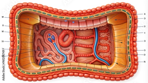 Illustrated cross-sectional diagram of the human colon, showcasing layers of muscles, epithelial cells, and blood vessels, with detailed labeling of inner structures. photo