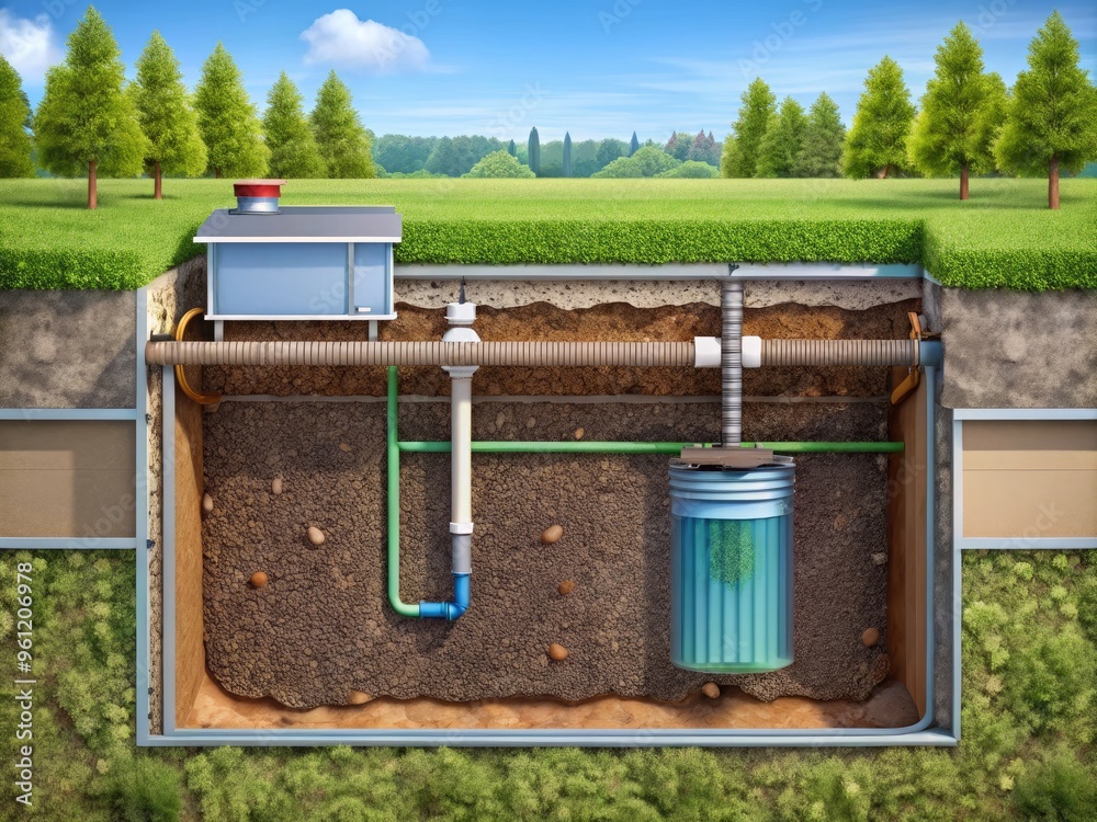Illustrated cross-section of a septic tank showing layers of sludge, scum, effluent, and drainfield lines, highlighting wastewater treatment process and component parts. Illustrated cross-section of a septic tank showing layers of sludge, scum, effluent, and drainfield lines, highlighting wastewater treatment process and component parts.