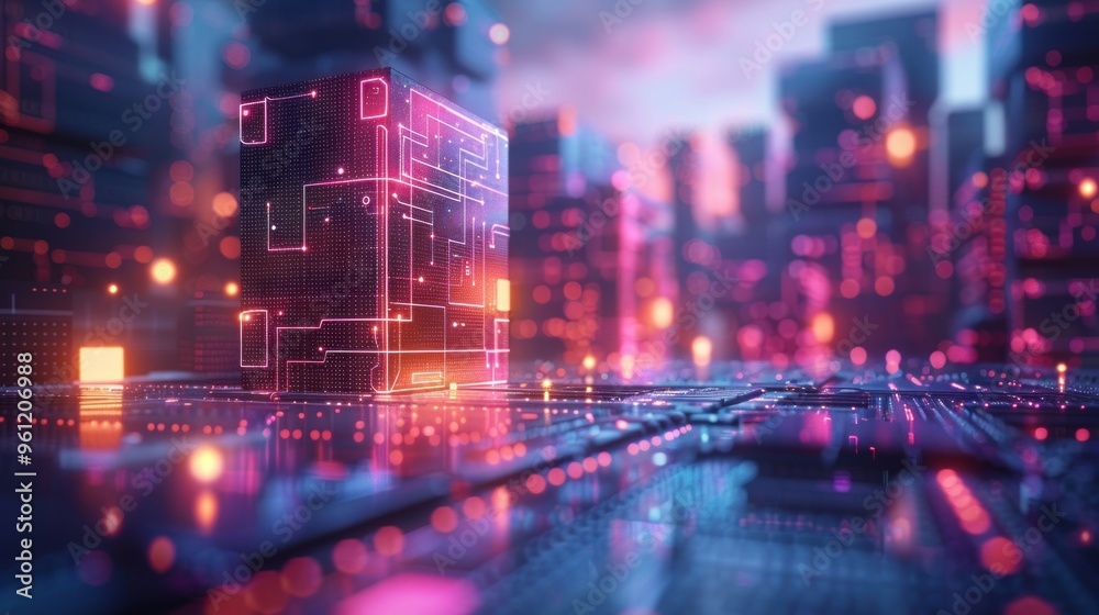 Fototapeta premium Futuristic cityscape illuminated by vibrant neon light at dusk, teeming with digital energy and innovation. Generative AI