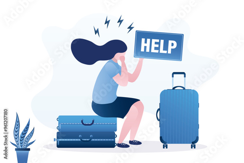 Upset woman tourist sitting on suitcases and holding sign - help. Travel problem, flight delay, loss of luggage or documents. Female passenger character needs help and support