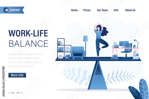 Life and work balance, landing page template. Businesswoman standing on scales in yoga pose and balancing between career and money versus health and time, leisure or business.