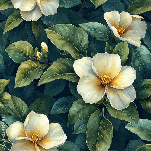 Wallpaper Mural White Flowers with Green Leaves Floral Pattern Torontodigital.ca