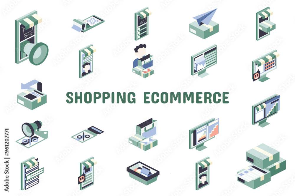 Naklejka premium Shopping Ecommerce Flat Vector Illustration Icon Sticker Set Design Materials