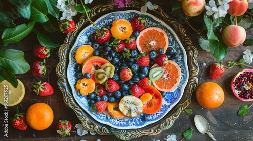 A Colorful Fruit Platter Overflowing with Freshness: A Visual Delight of Nature's Bounty Laid Out on an Elegant Dish photo