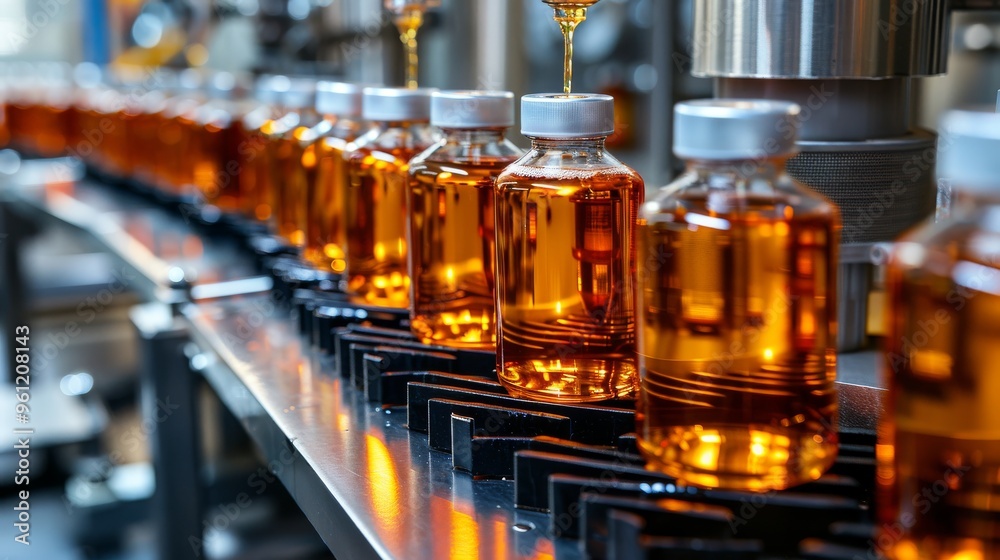 Capturing Liquid Gold in Exquisite Glass Containers with Precision and Care in a Factory Setting Capturing Liquid Gold in Exquisite Glass Containers with Precision and Care in a Factory Setting