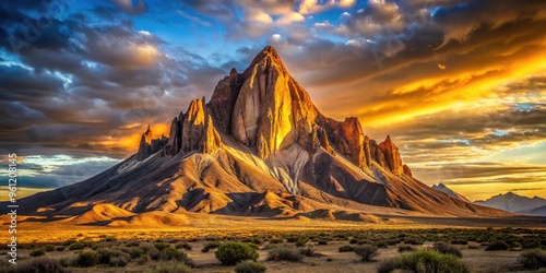 Imposing And Rugged Mountain Peak Rises Amidst A Vast Desert Landscape, Bathed In Golden Sunlight photo