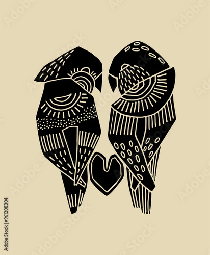 Stylized lovebirds. Silhouette parrots. Print design.