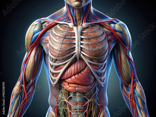 Intricate 3D Rendering Of Human Abdomen Anatomy, Showcasing Muscles, Organs, And Vascular System In Exceptional Detail photo