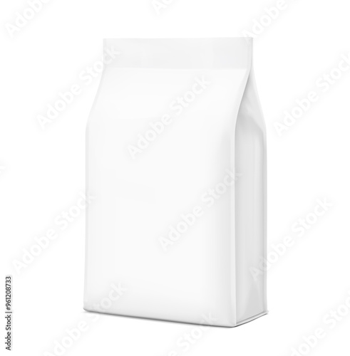 Vertical bag mockup. Flat bottom gusset bag. Half side view. High realistic. Vector illustration isolated on white background. Ready for use in presentation, promo, advertising and more. EPS10.	