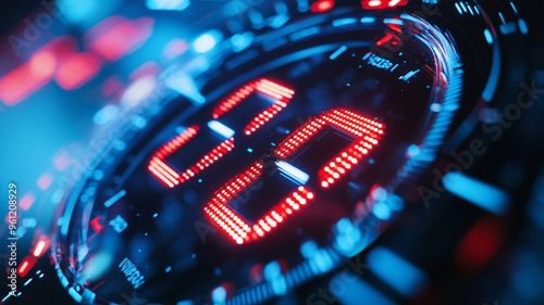Closeup of countdown timer on digital display, showcasing vibrant red and blue lights. timer is set to zero, creating sense of anticipation.