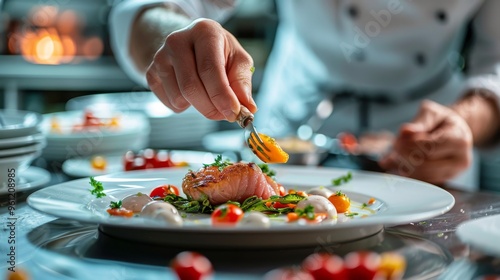 A culinary artist meticulously plating a gourmet dish, showcasing creativity, passion, and the art of fine dining perfection. photo