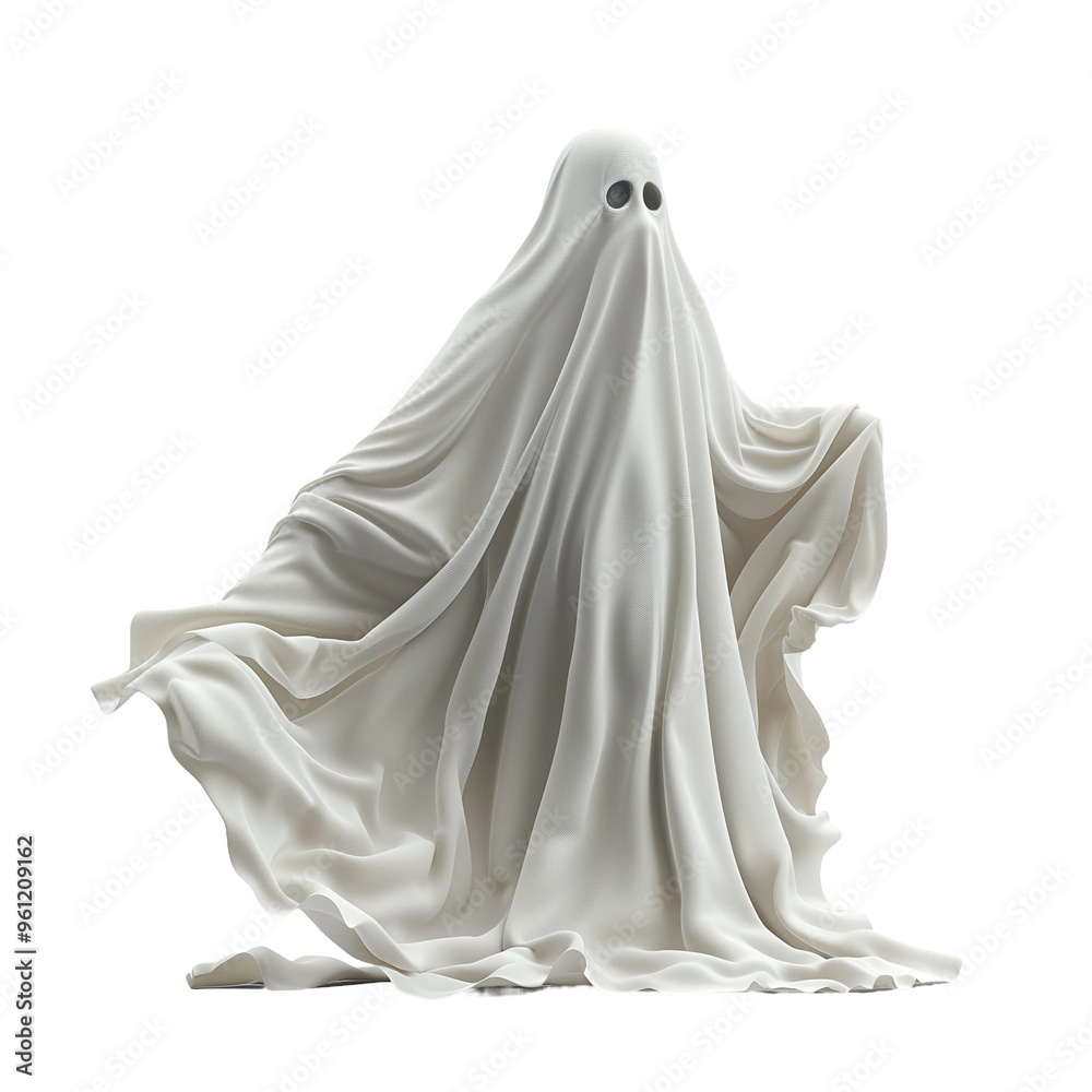 Cartoon ghost character in a white sheet with big eyes