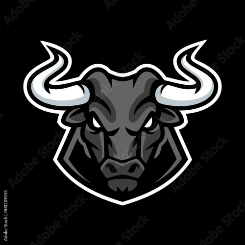 Angry bull head mascot logo on black background. Aggressive bull icon.