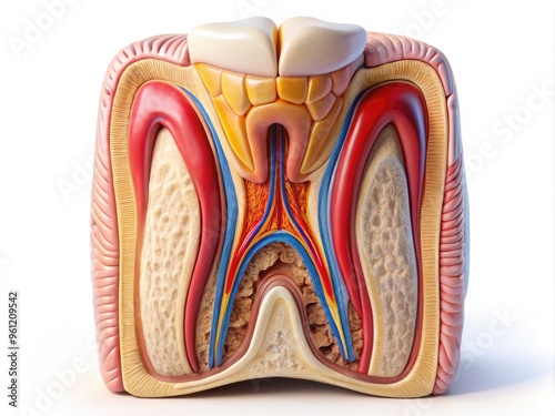 Intricate Cross-Section Of A Human Tooth Showcasing Its Internal Anatomy, Including Enamel, Dentin, Nerves, And Blood Vessels. photo