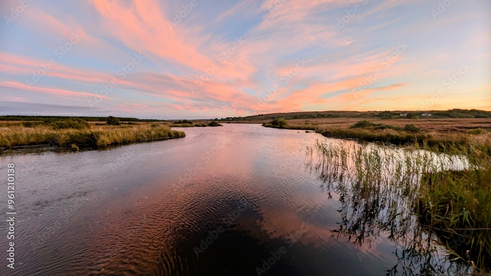 Beautiful sunset landscape scenery at Boliska river, County Galway, Ireland, nature background